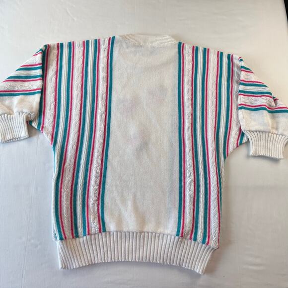 Bay Point Threads Vintage 1980's Flowers Striped Pink Blue Sweater Size Medium - Picture 2 of 6